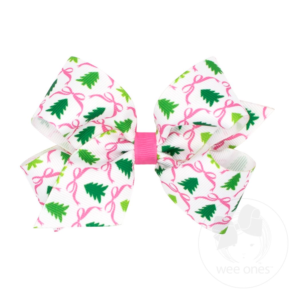 Medium Pink Christmas Tree Print Bow - TREE