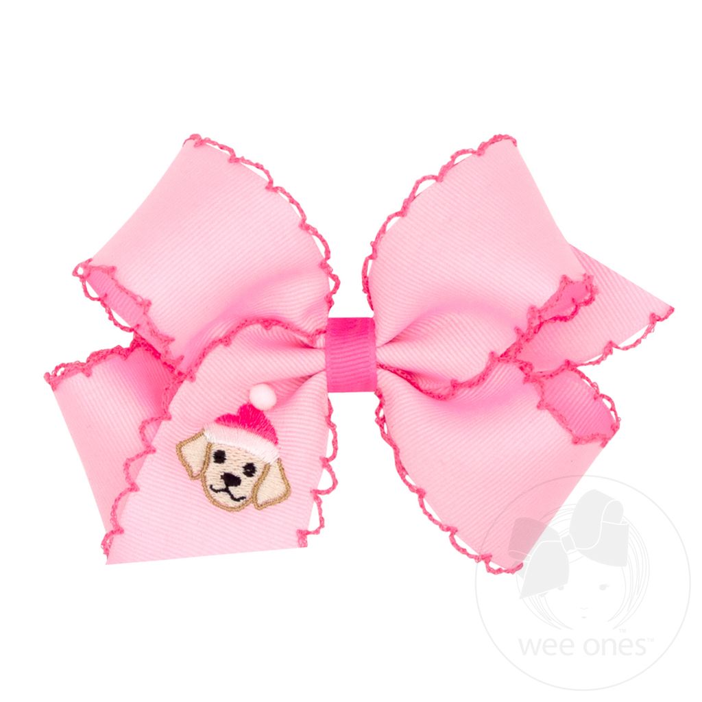 Medium Moonstitch Christmas Puppy Embroidery Hair Bow - DOG
