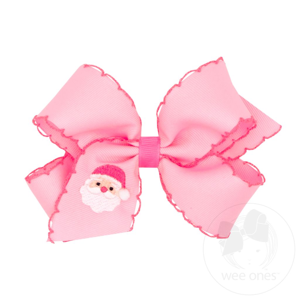 Medium Moonstitch Santa Embroidery Pink Hair Bow - PINK SANTA