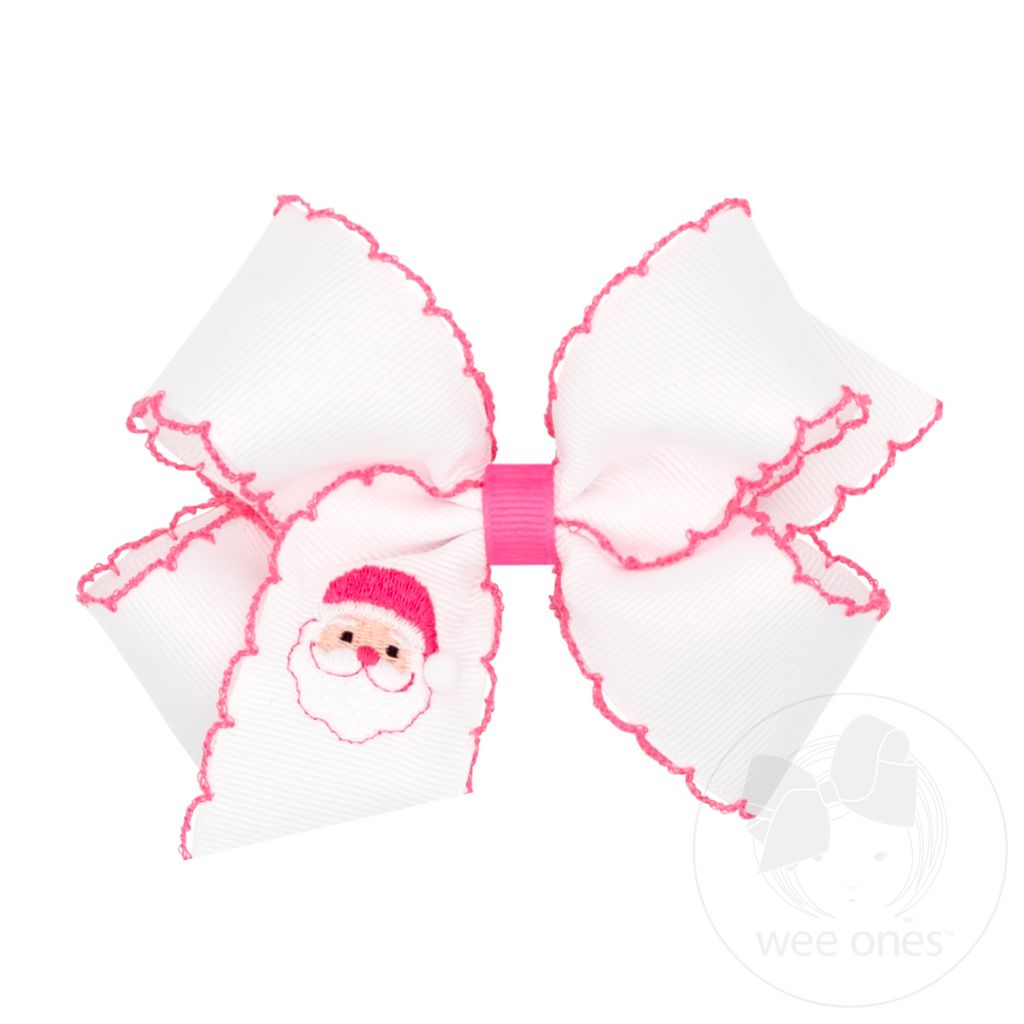Medium Moonstitch Pink Santa Embroidery Hair Bow - WHITE SANTA