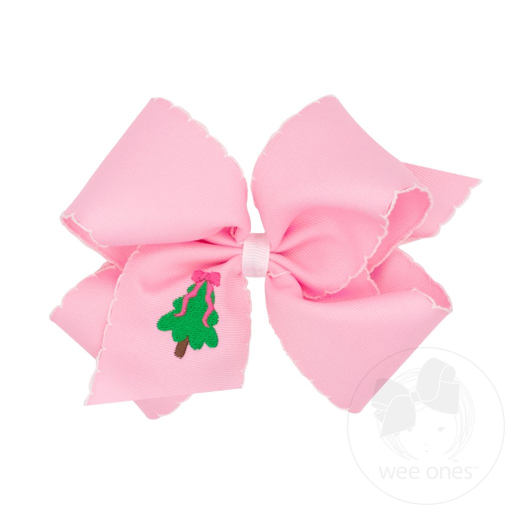 King Moonstitch Christmas Tree Embroidery Pink Hair Bow - TREE