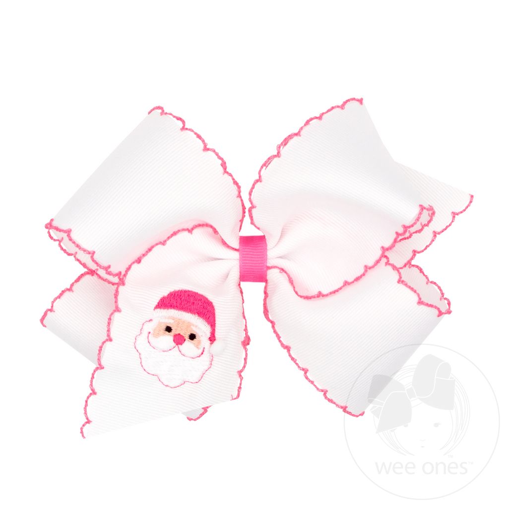King Moonstitch Pink Santa Embroidery Hair Bow - WHITE SANTA