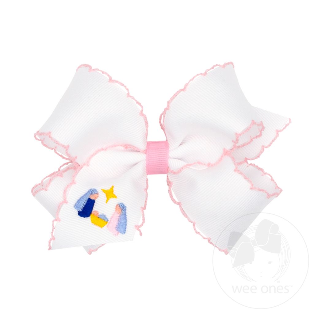 Medium Pink Nativity Embroidery Moonstitch Hair Bow - NATIVITY