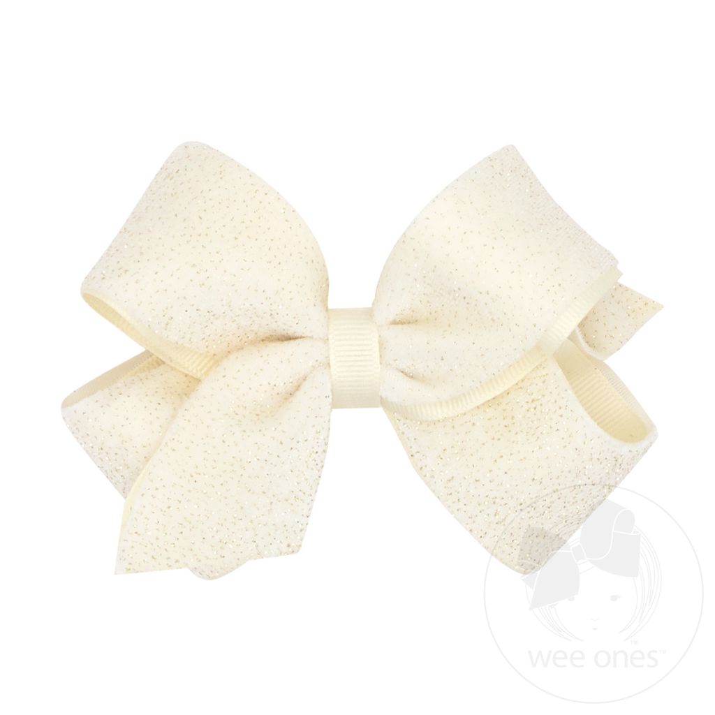 Medium Sparkle Velvet and Grosgrain Underlay Hair Bow - ANTIQUE WHITE