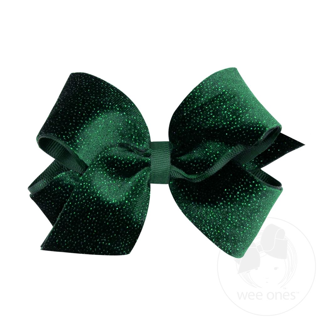 Medium Sparkle Velvet and Grosgrain Underlay Hair Bow - FOREST GREEN