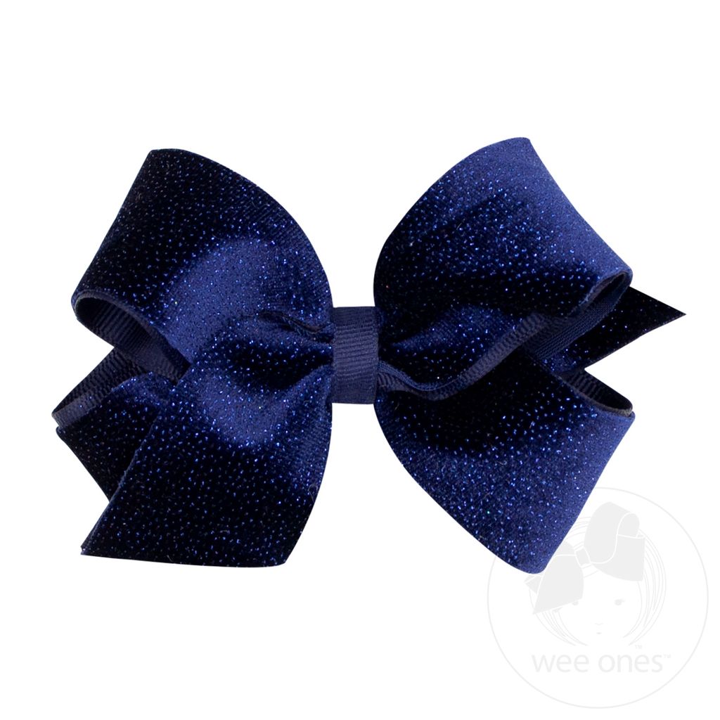 Medium Sparkle Velvet and Grosgrain Underlay Hair Bow - NAVY