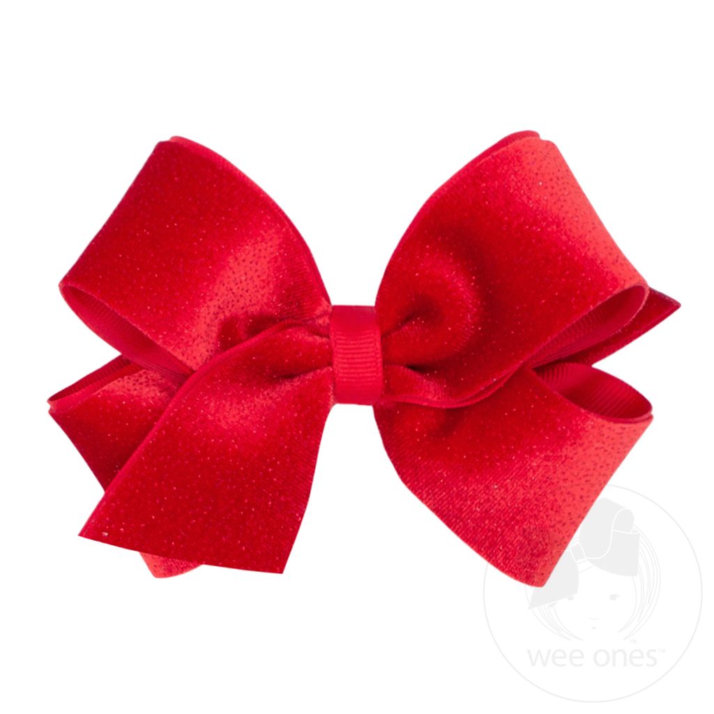 Medium Sparkle Velvet and Grosgrain Underlay Hair Bow - RED