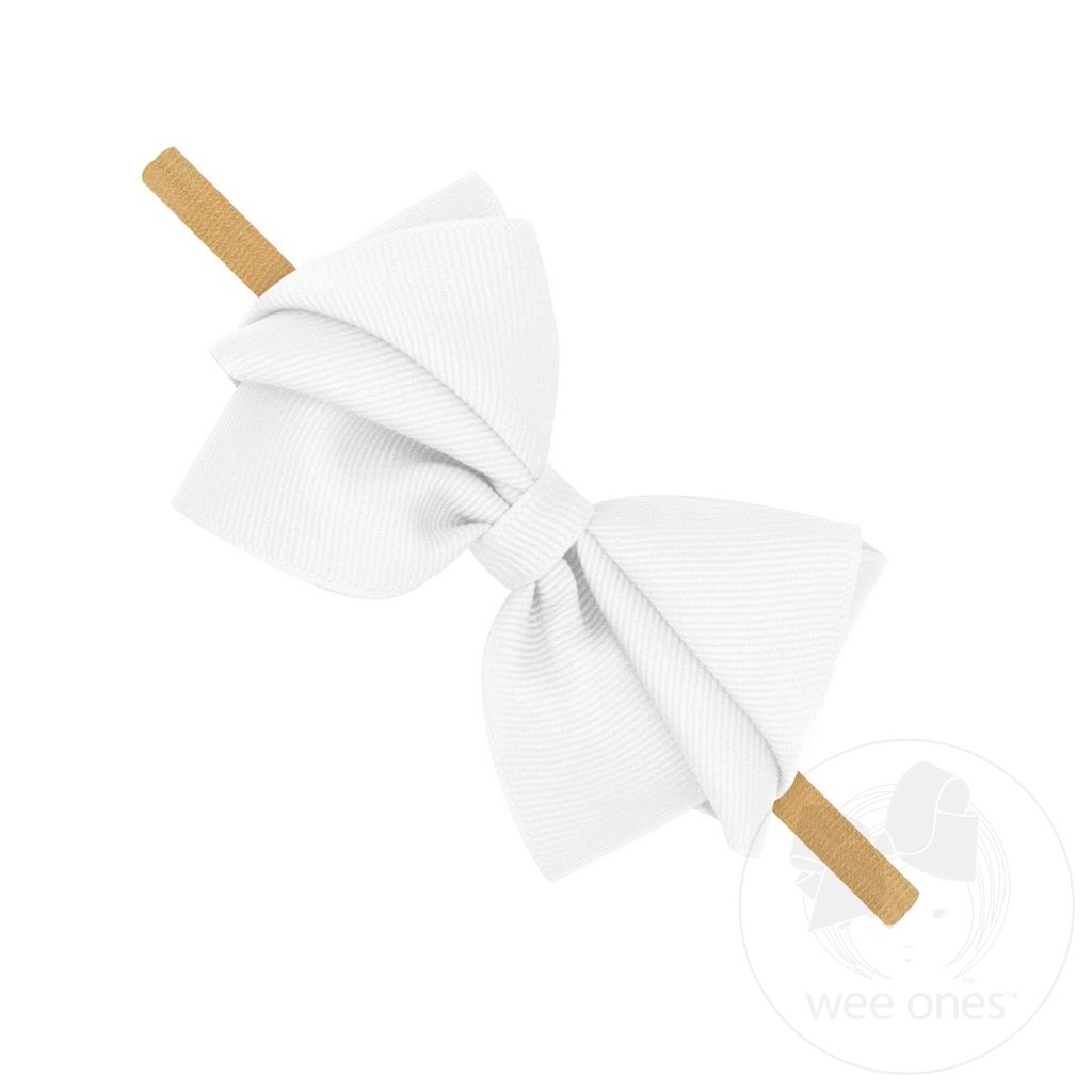 Small Pleated Grosgrain Bow on Baby Band - WHITE
