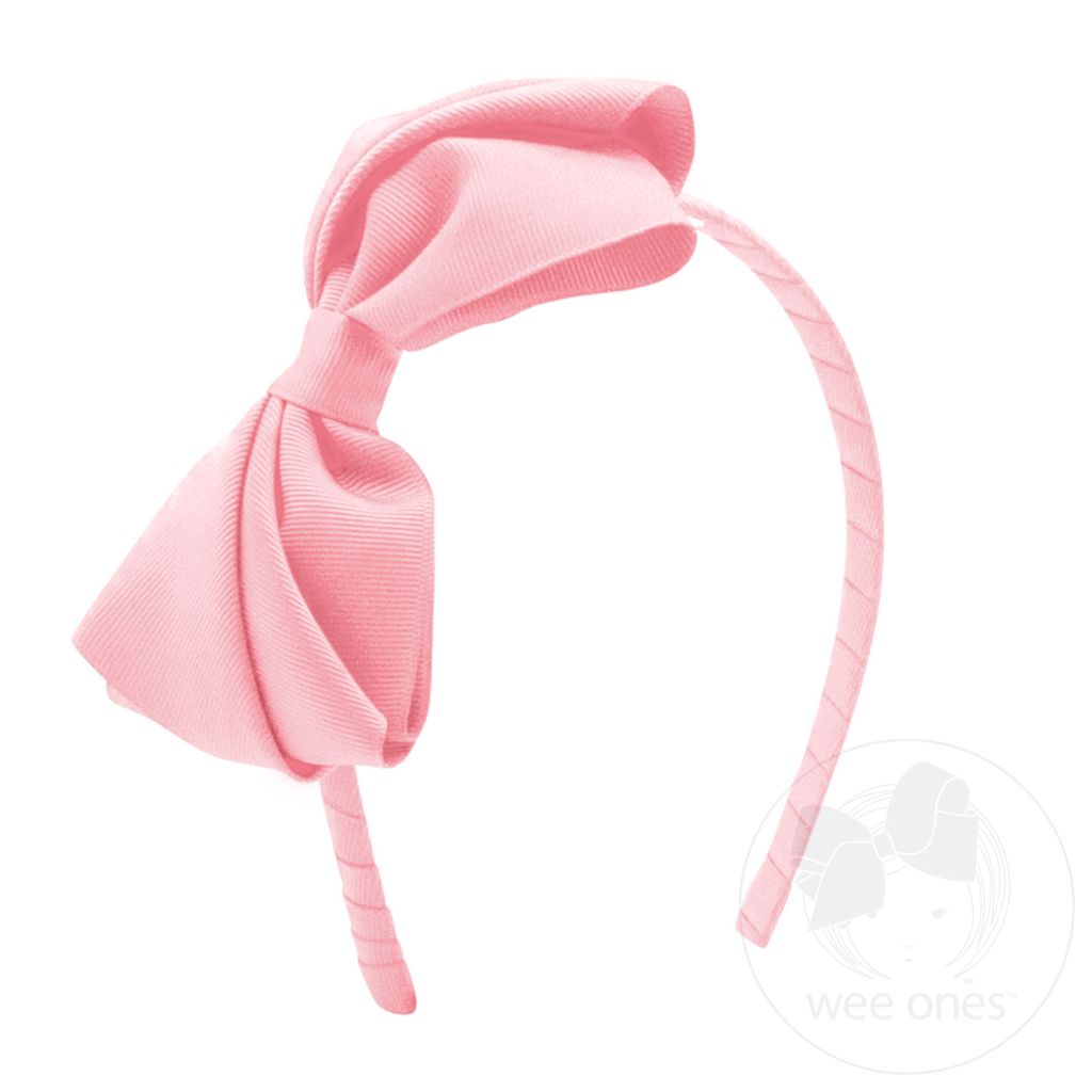 Mini King Pleated Grosgrain Hair Bow Headband - LT PINK