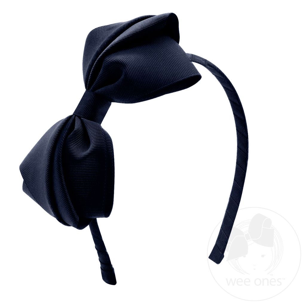 Mini King Pleated Grosgrain Hair Bow Headband - NAVY