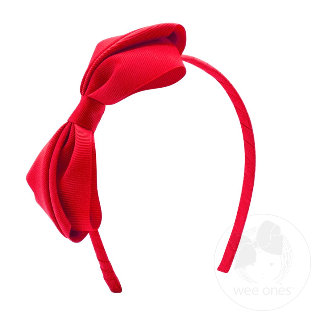Mini King Pleated Grosgrain Hair Bow Headband - RED