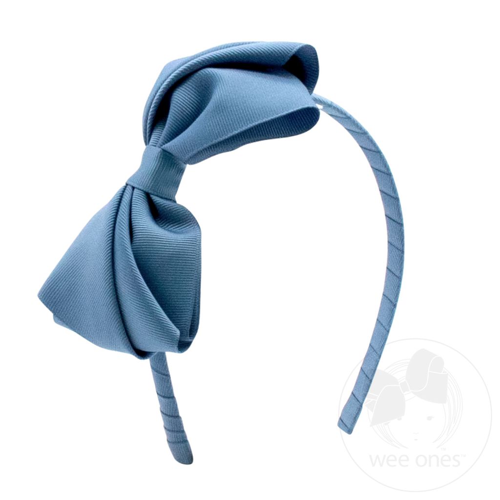 Mini King Pleated Grosgrain Hair Bow Headband - SMOKE BLUE