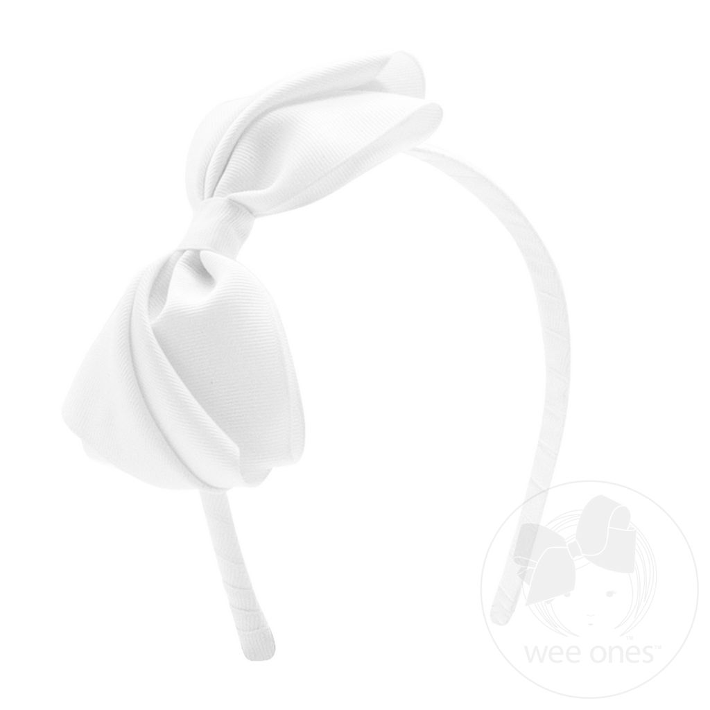 Mini King Pleated Grosgrain Hair Bow Headband - WHITE