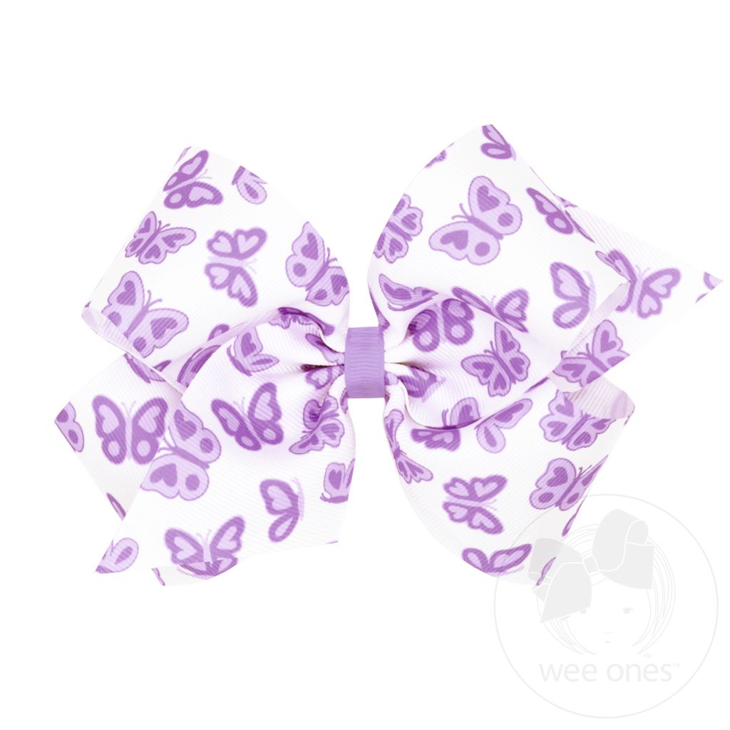 King Butterfly Print Grosgrain Hair Bow - LT ORCHID