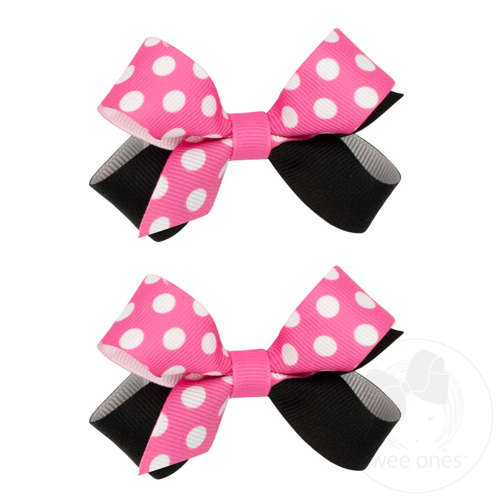 Set of Two Mini Dot Print Grosgrain Hair Bows - HOT PINK