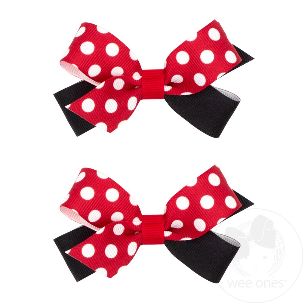 Set of Two Mini Dot Print Grosgrain Hair Bows - RED