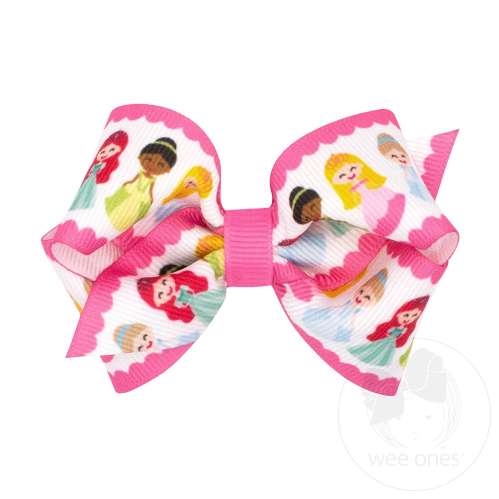 Extra Small Princess Print Grosgrain Hair Bow - HOT PINK