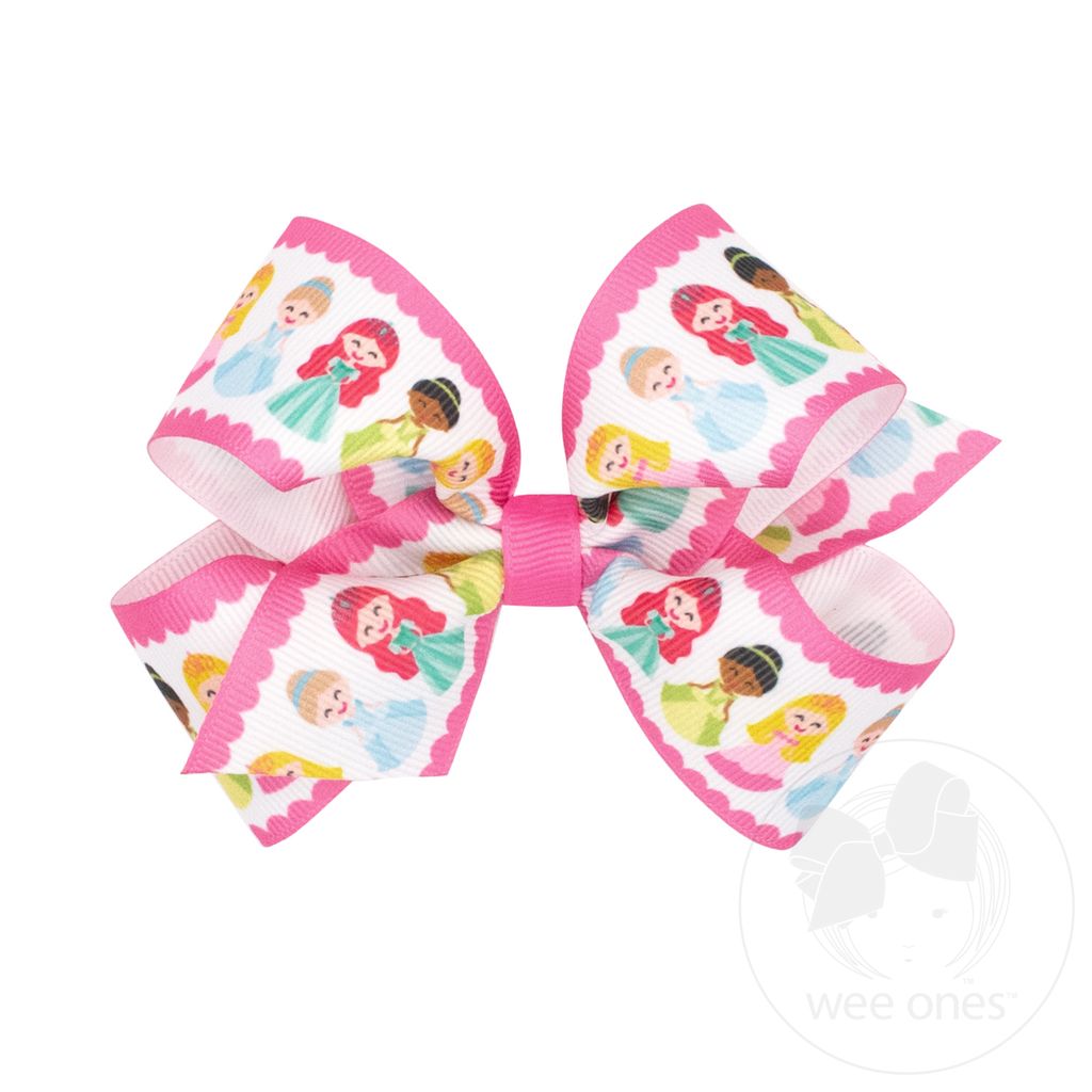 Medium Princess Print Grosgrain Hair Bow - HOT PINK
