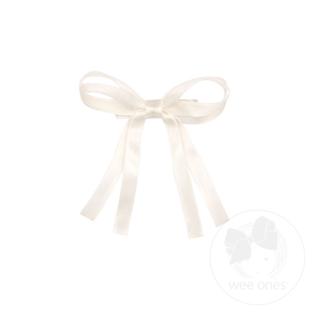 Tiny Satin Double Loop Streamer Bow - ANTIQUE WHITE