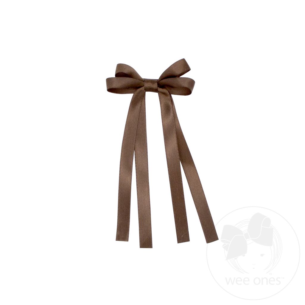 Tiny Satin Double Loop Streamer Bow - BROWN