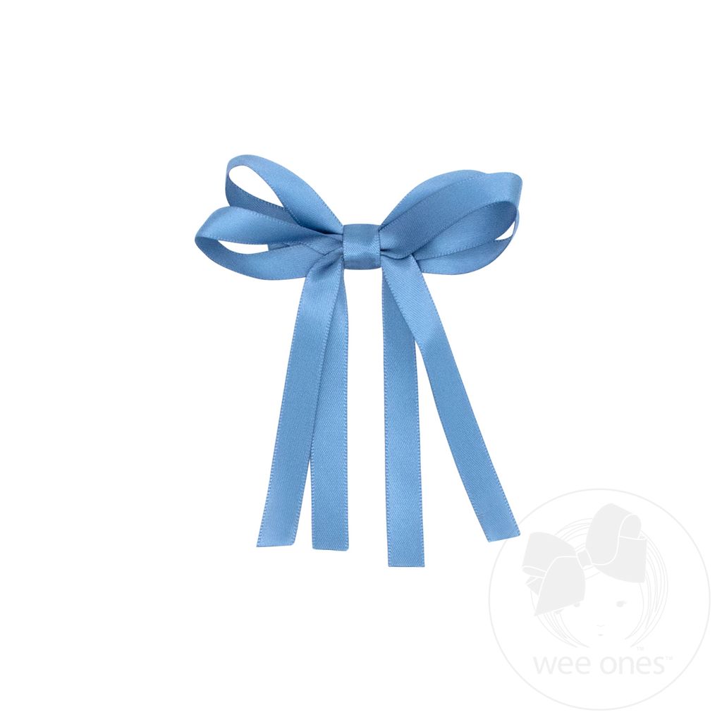 Tiny Satin Double Loop Streamer Bow - SMOKE BLUE