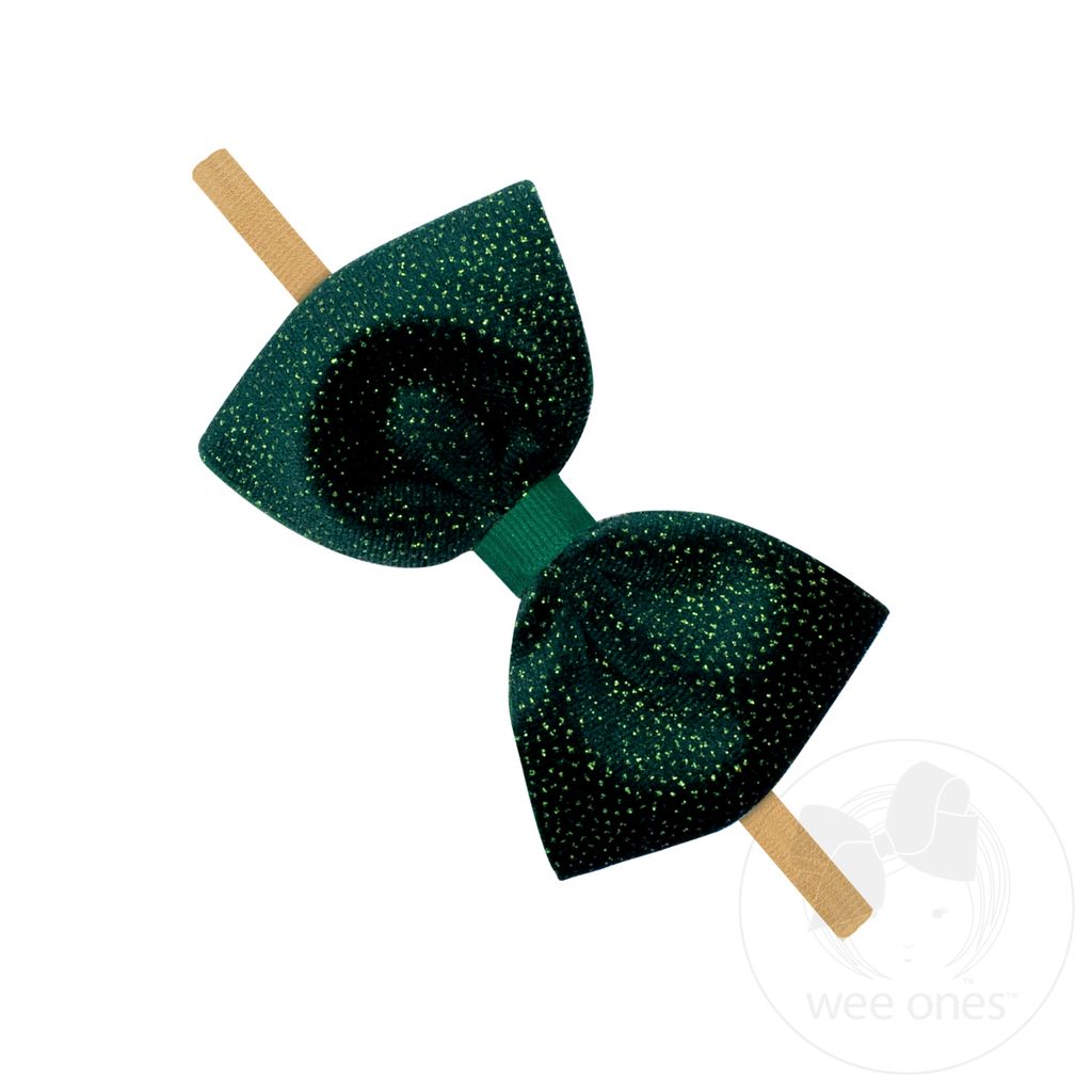 Medium Sparkle Velvet Grosgrain Underlay Bowtie on Baby Band - FOREST GREEN