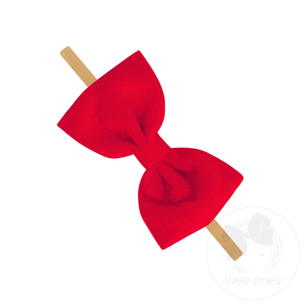 Medium Sparkle Velvet Grosgrain Underlay Bowtie on Baby Band - RED