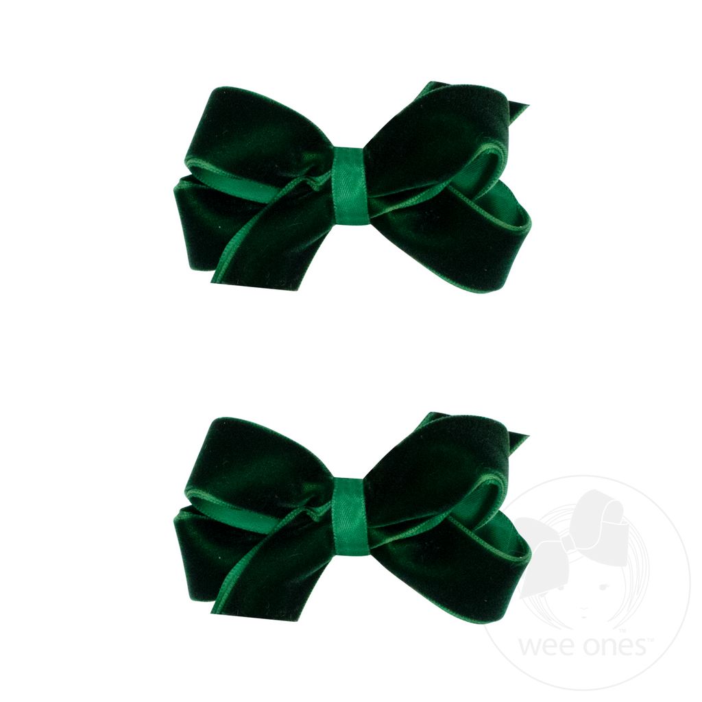 Mini Velvet with Satin Underlay Hair Bow Two Pack - FOREST GREEN