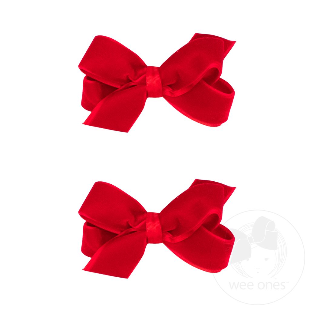 Mini Velvet with Satin Underlay Hair Bow Two Pack - RED
