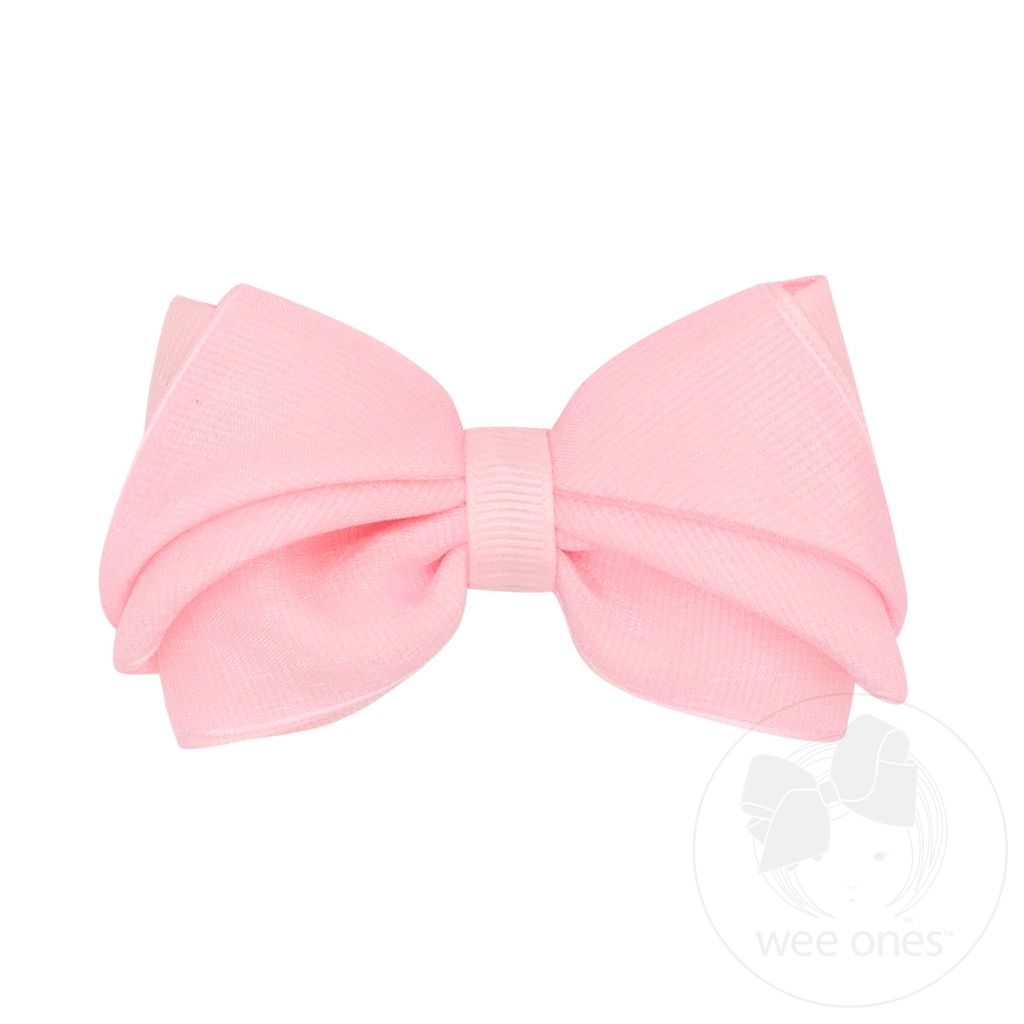 Small Pleated Organza Grosgrain Underlay Bow - LT PINK