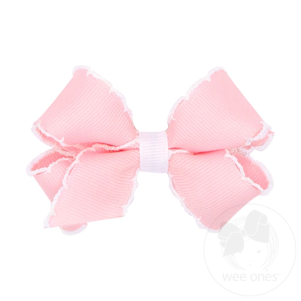 Mini Moonstitch Grosgrain Hair Bow with Contrasting Wrap - LPK W/ WHT