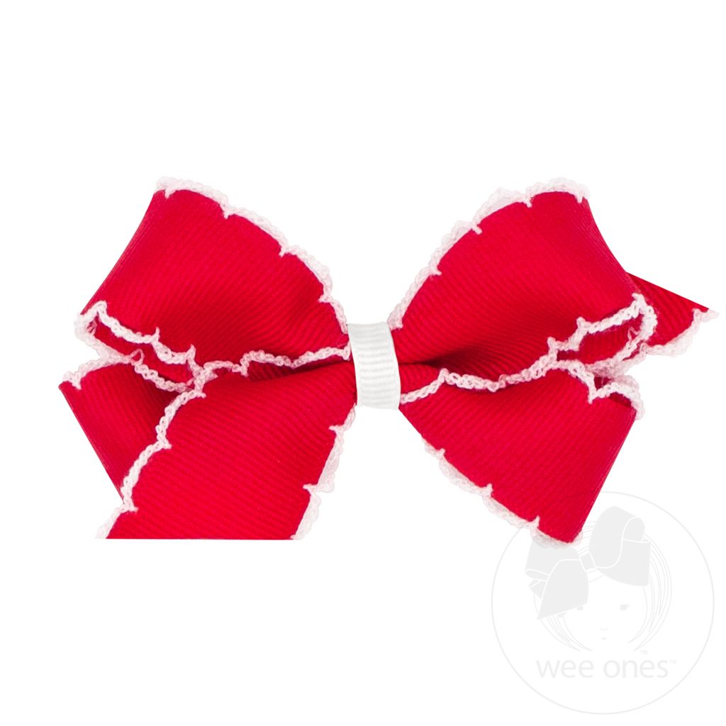 Mini Moonstitch Grosgrain Hair Bow with Contrasting Wrap - RED W/ WHT