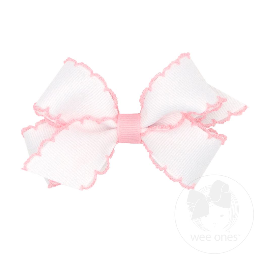 Mini Moonstitch Grosgrain Hair Bow with Contrasting Wrap - WHT W/ LPK
