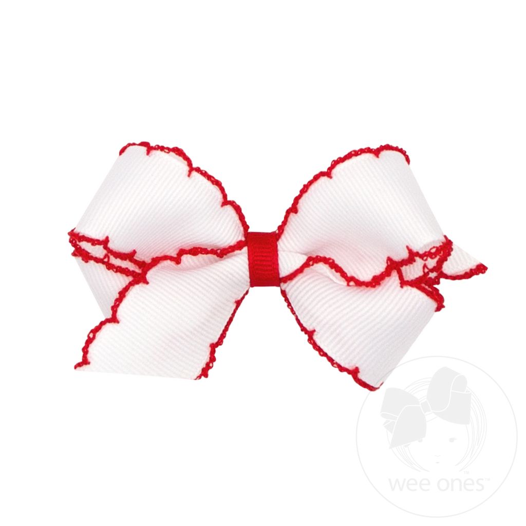 Mini Moonstitch Grosgrain Hair Bow with Contrasting Wrap - WHT W/ RED