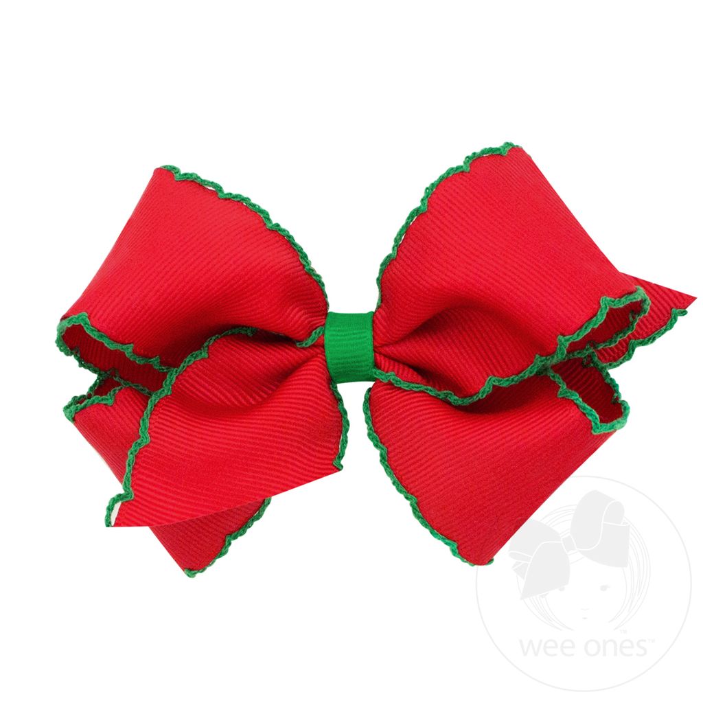 Small Moonstitch Grosgrain Hair Bow with Contrasting Wrap - RED W/GRN