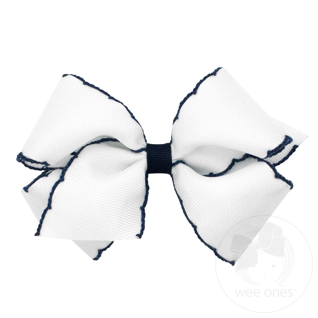 Small Moonstitch Grosgrain Hair Bow with Contrasting Wrap - WHT W/ NVY