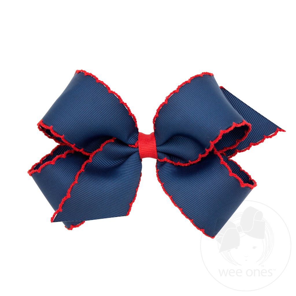 Medium Moonstitch Grosgrain Hair Bow with Contrasting Wrap - NVY W/ RED