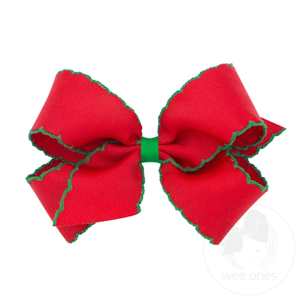 Medium Moonstitch Grosgrain Hair Bow with Contrasting Wrap - RED W/GRN