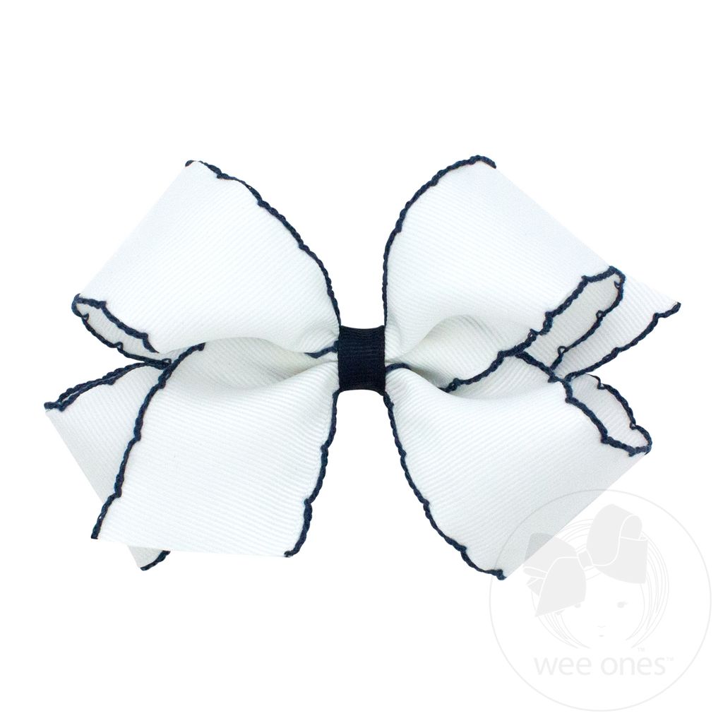Medium Moonstitch Grosgrain Hair Bow with Contrasting Wrap - WHT W/ NVY
