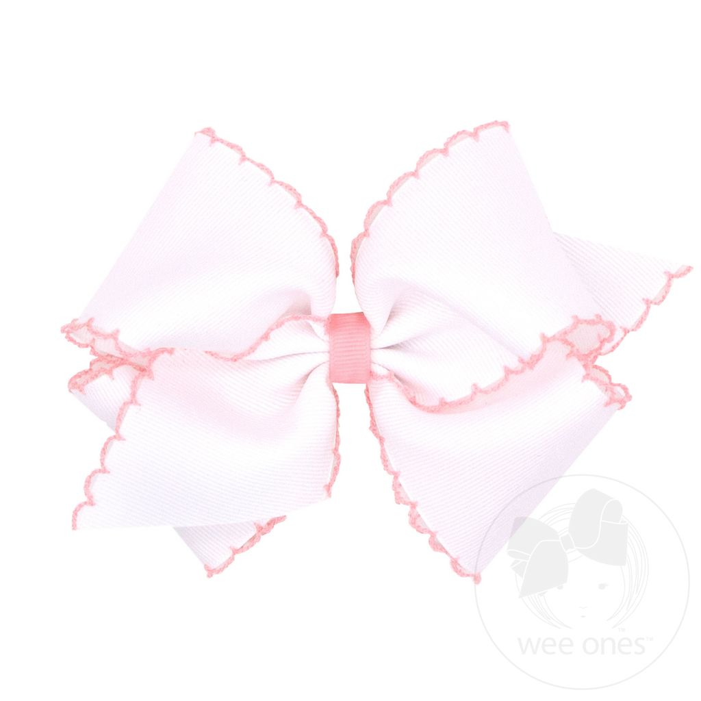 Mini King Moonstitch Grosgrain Hair Bow with Contrasting Wrap - WHT W/ LPK