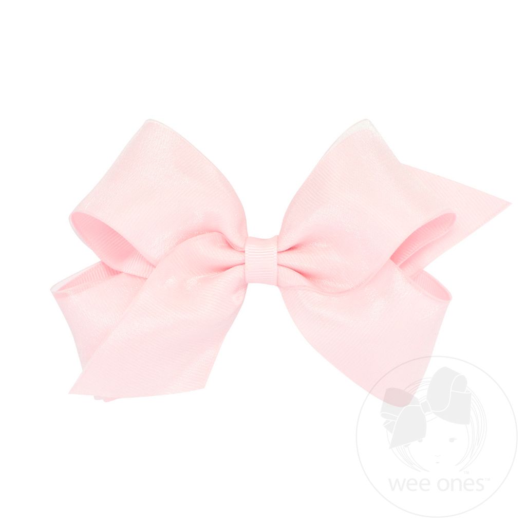 Medium Organza and Grosgrain Overlay Hair Bow - LT PINK