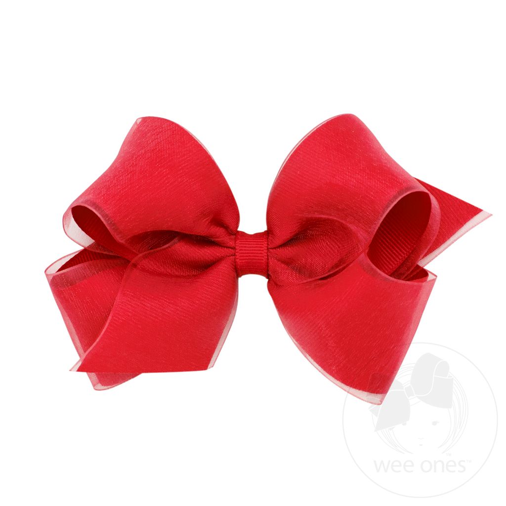 Medium Organza and Grosgrain Overlay Hair Bow - RED