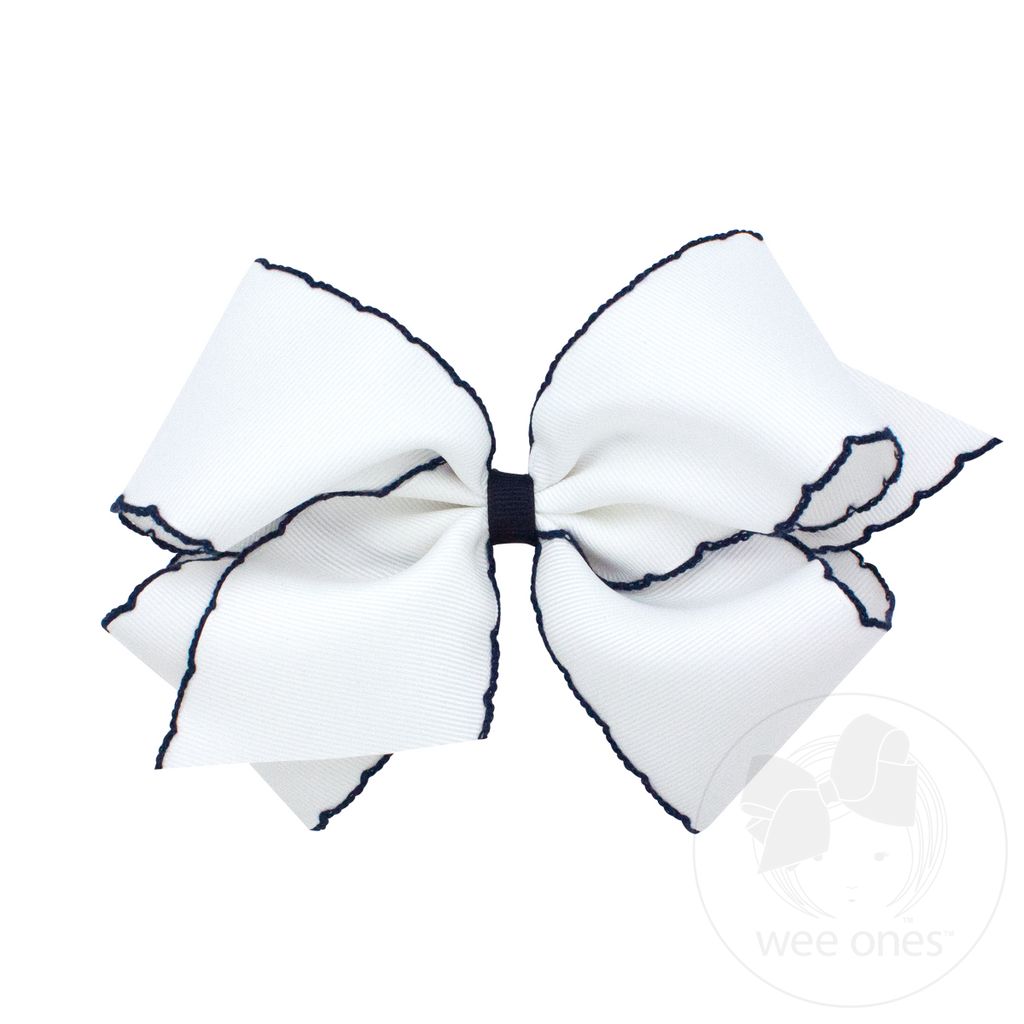 King Moonstitch Grosgrain Hair Bow with Contrasting Wrap - WHT W/ NVY