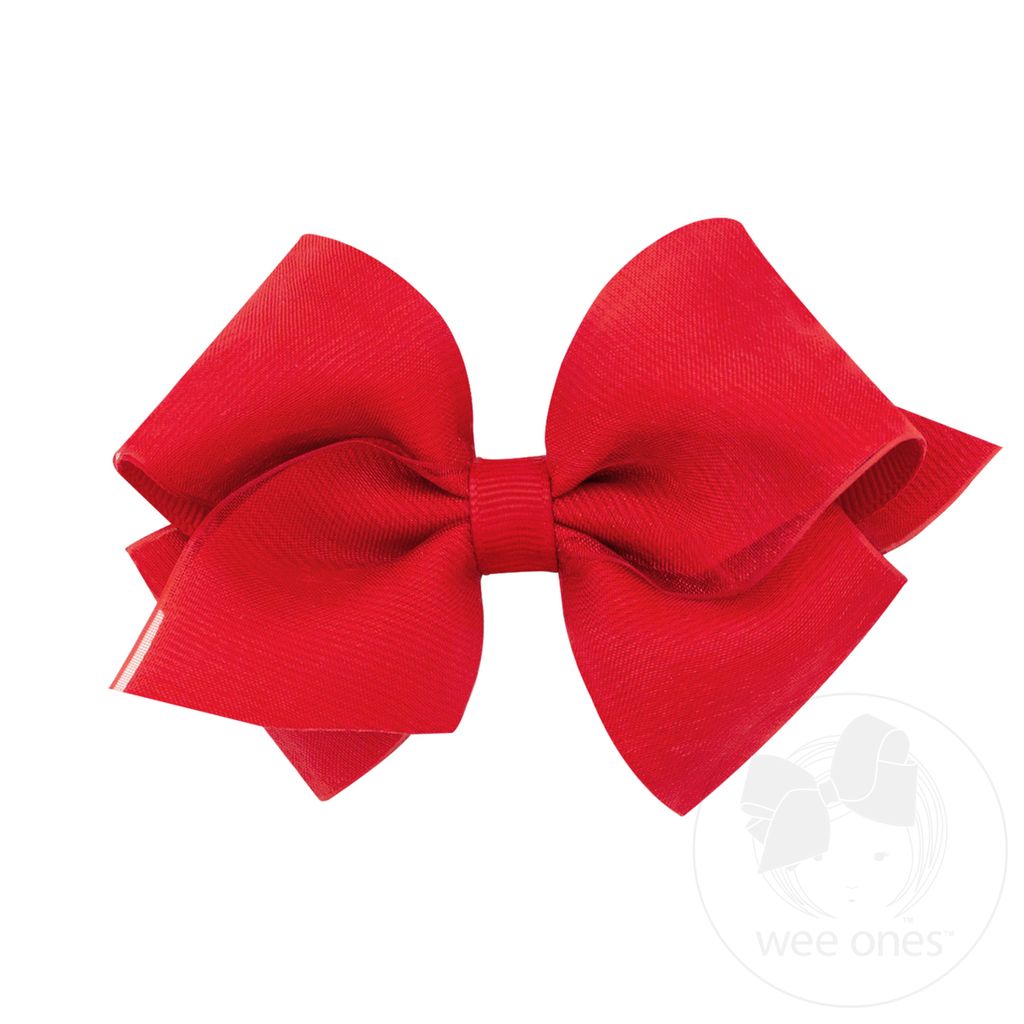 Extra Small Organza and Grosgrain Overlay Hair Bow - RED