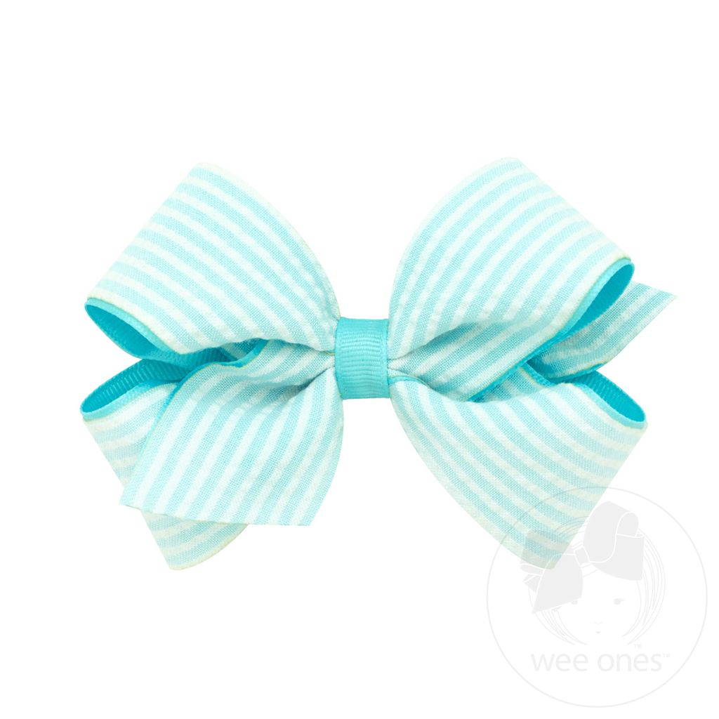 Medium Genuine Seersucker Fabric Grosgrain Overlay Hair Bow - AQUA