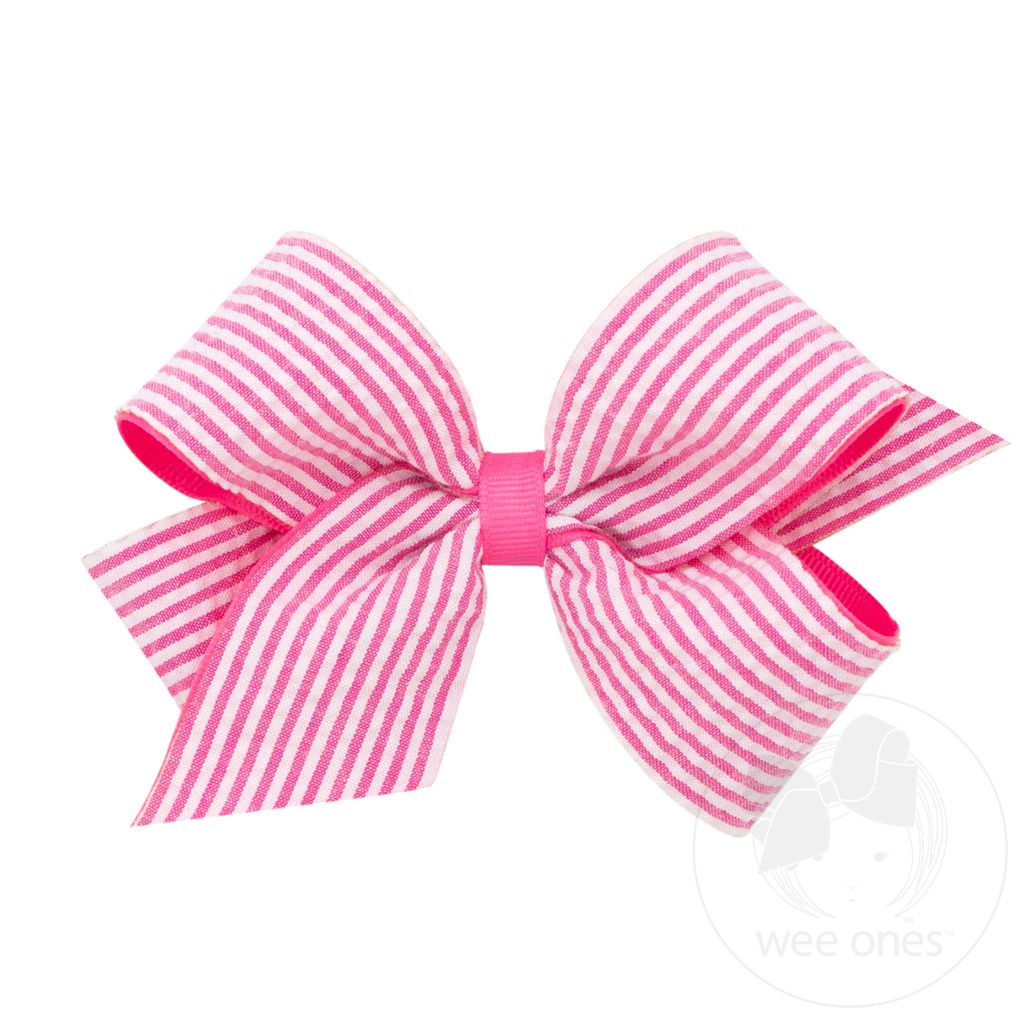 Medium Genuine Seersucker Fabric Grosgrain Overlay Hair Bow - HOT PINK