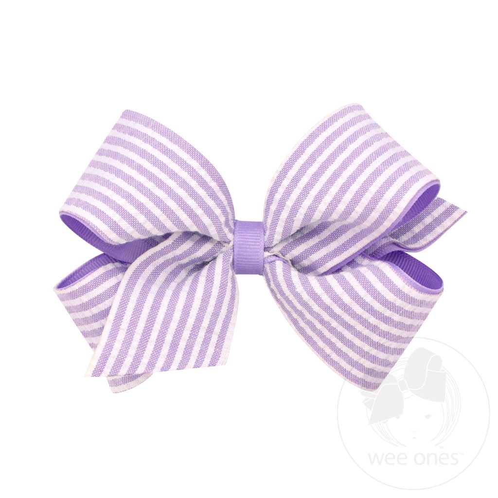 Medium Genuine Seersucker Fabric Grosgrain Overlay Hair Bow - LT ORCHID