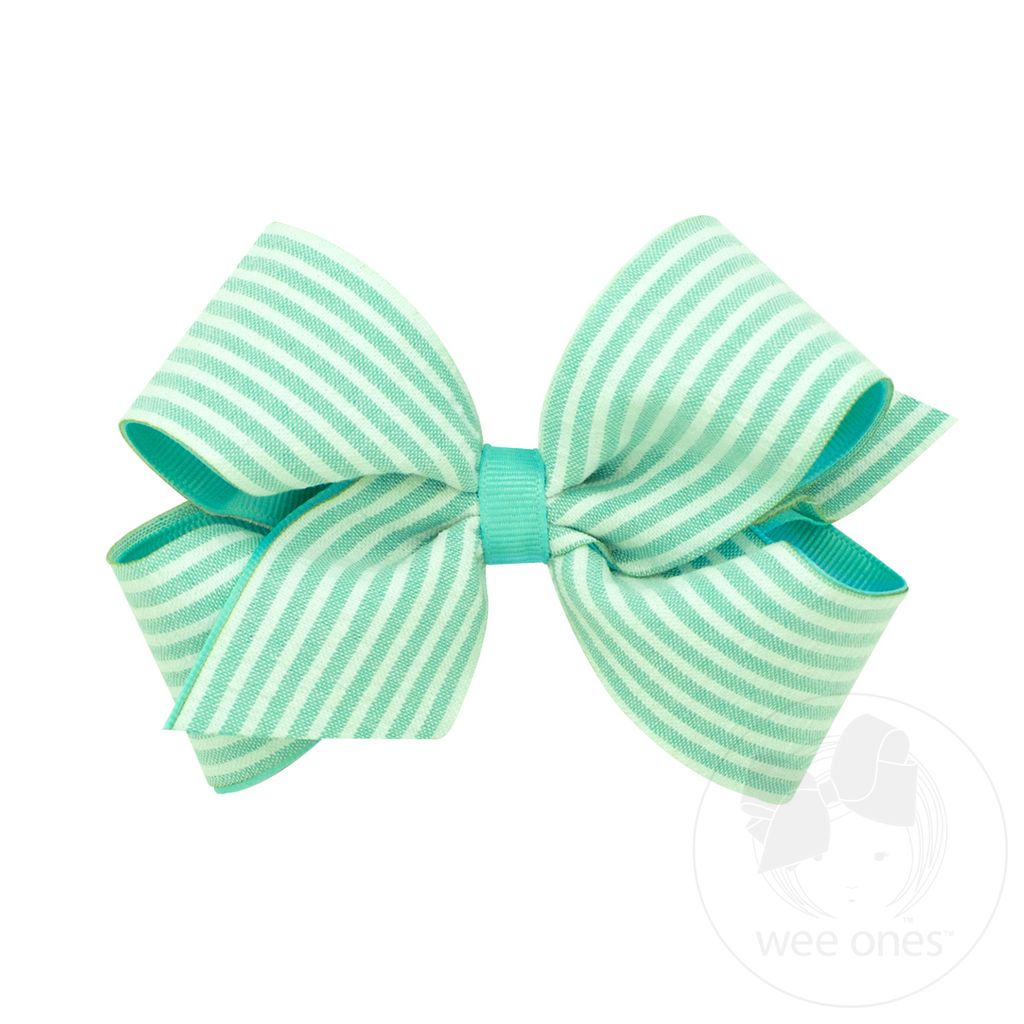 Medium Genuine Seersucker Fabric Grosgrain Overlay Hair Bow - MINT