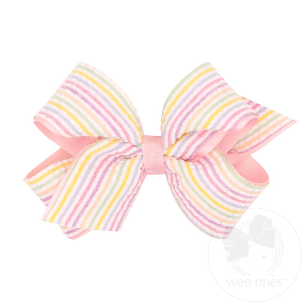 Medium Genuine Seersucker Fabric Grosgrain Overlay Hair Bow - MULTI