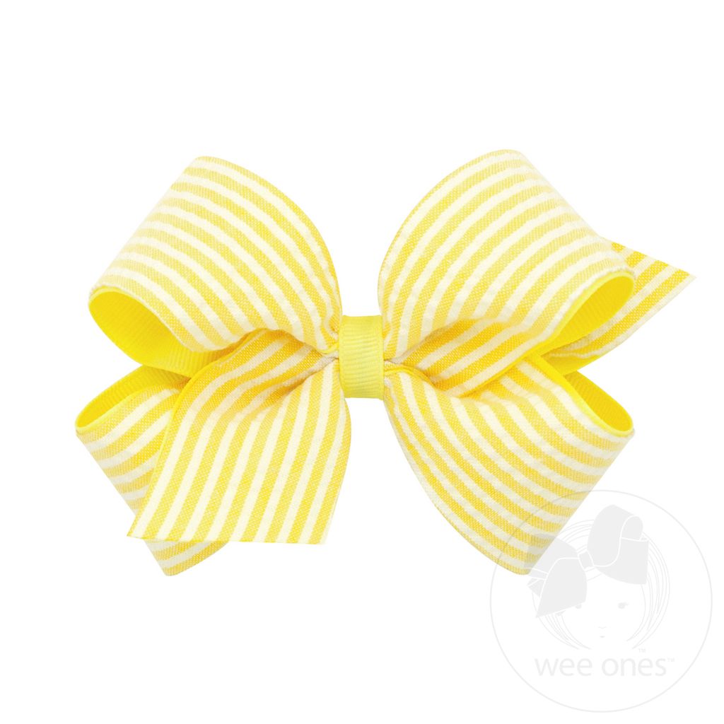 Medium Genuine Seersucker Fabric Grosgrain Overlay Hair Bow - YELLOW